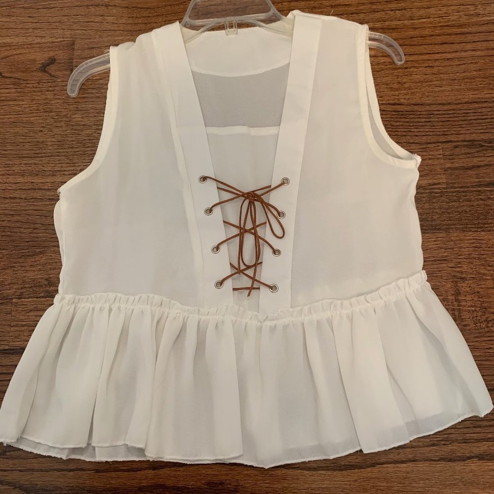 Women's White Lace Up Ruffle Top